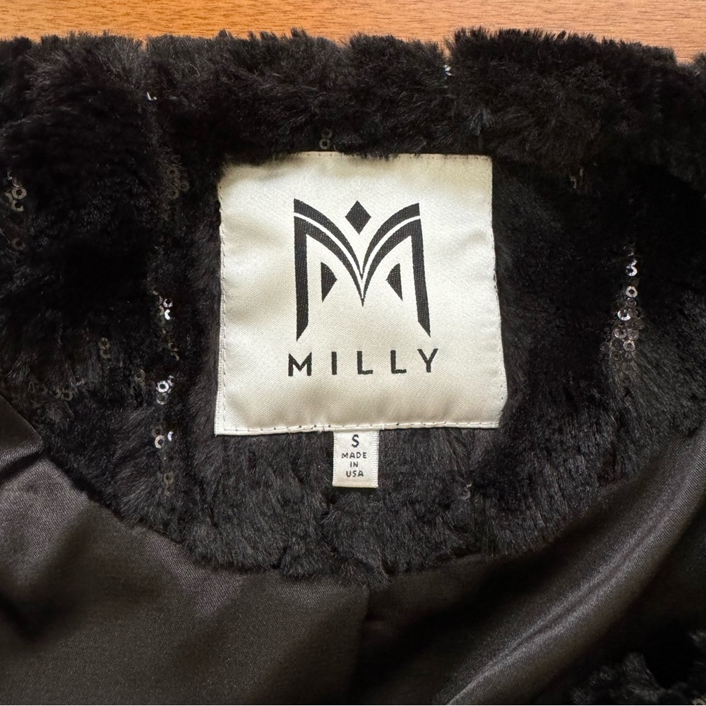 Milly Black Sequin and Soft Faux Fur Evening Glamour Jacket Coat sz Small - Picture 11 of 12